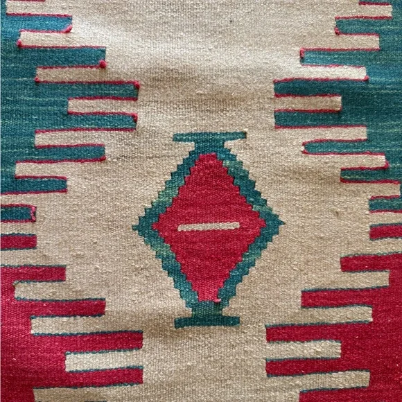 Turkish kilim rug runner Tan Red Green 100% Wool Excellent Condition - Picture 3 of 9